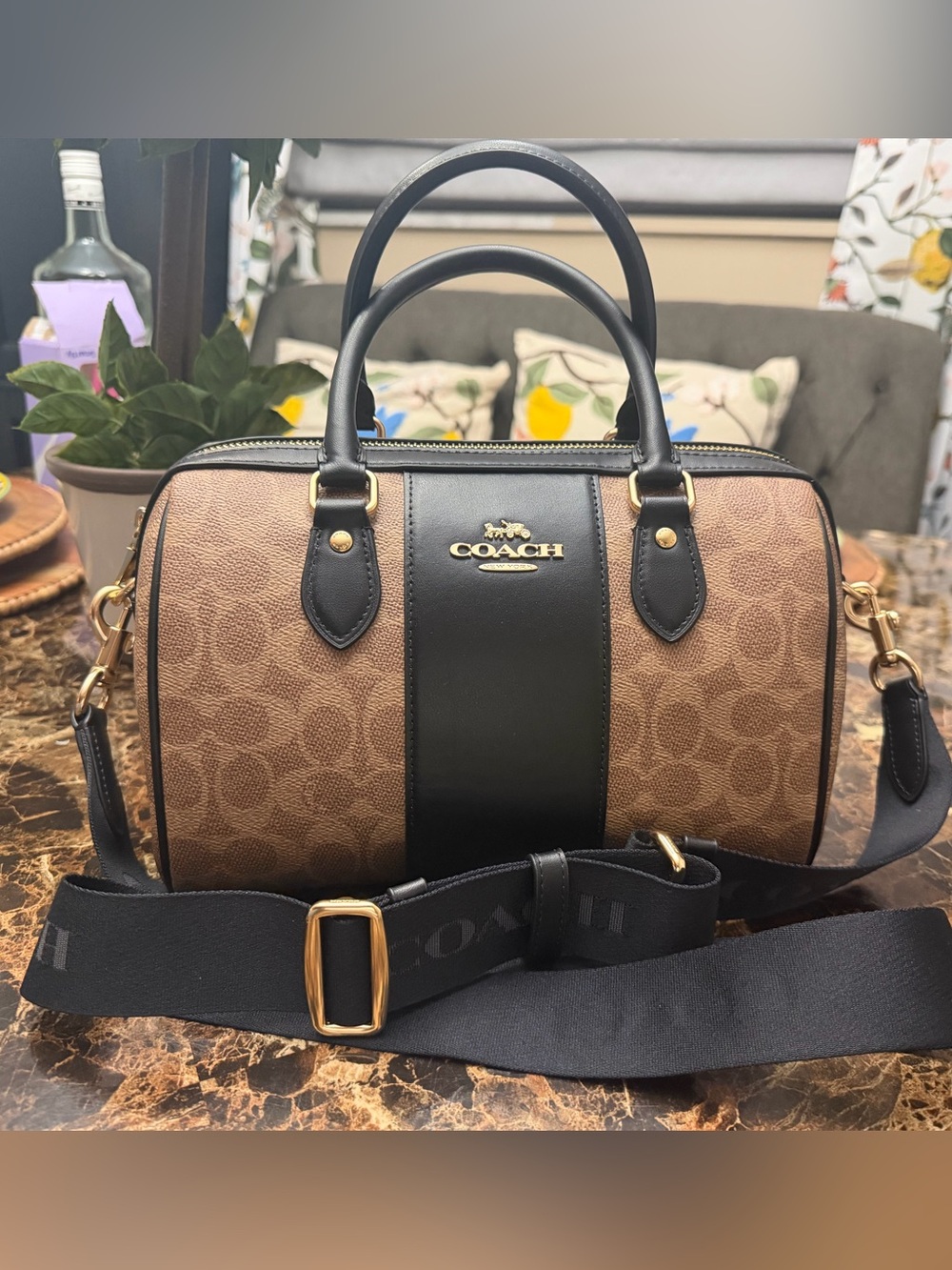 Coach Rowan Brown Signature Satchel with Black Leather Trim and Gold Hardware